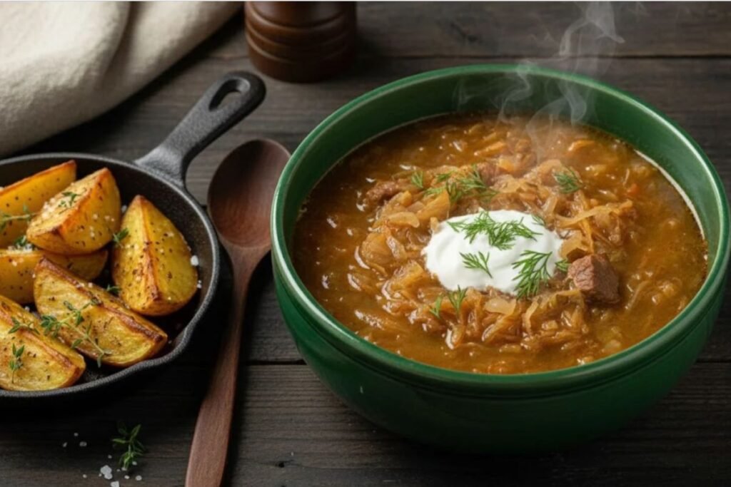 Hearty Sauerkraut Soup with Roasted Potatoes