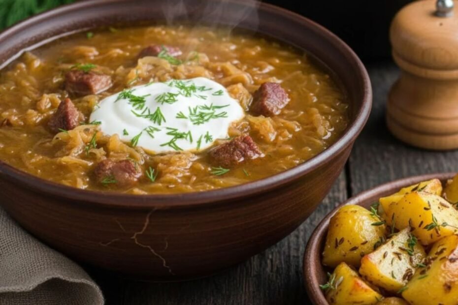 Hearty Sauerkraut Soup with Roasted Potatoes